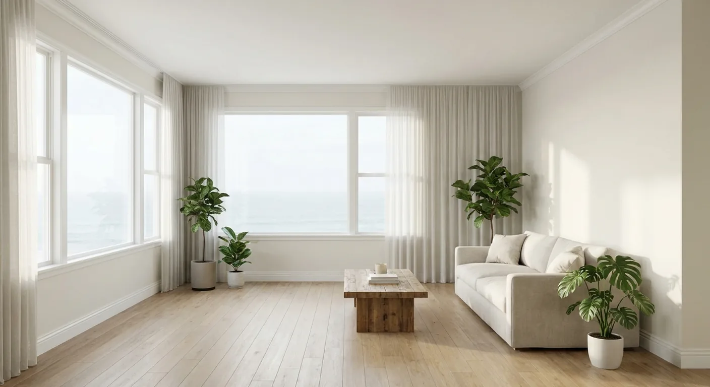 Bright San Diego living room with walls and trim painted in Benjamin Moore White Dove, coastal light pouring through large windows onto light wood floors and a linen sofa.