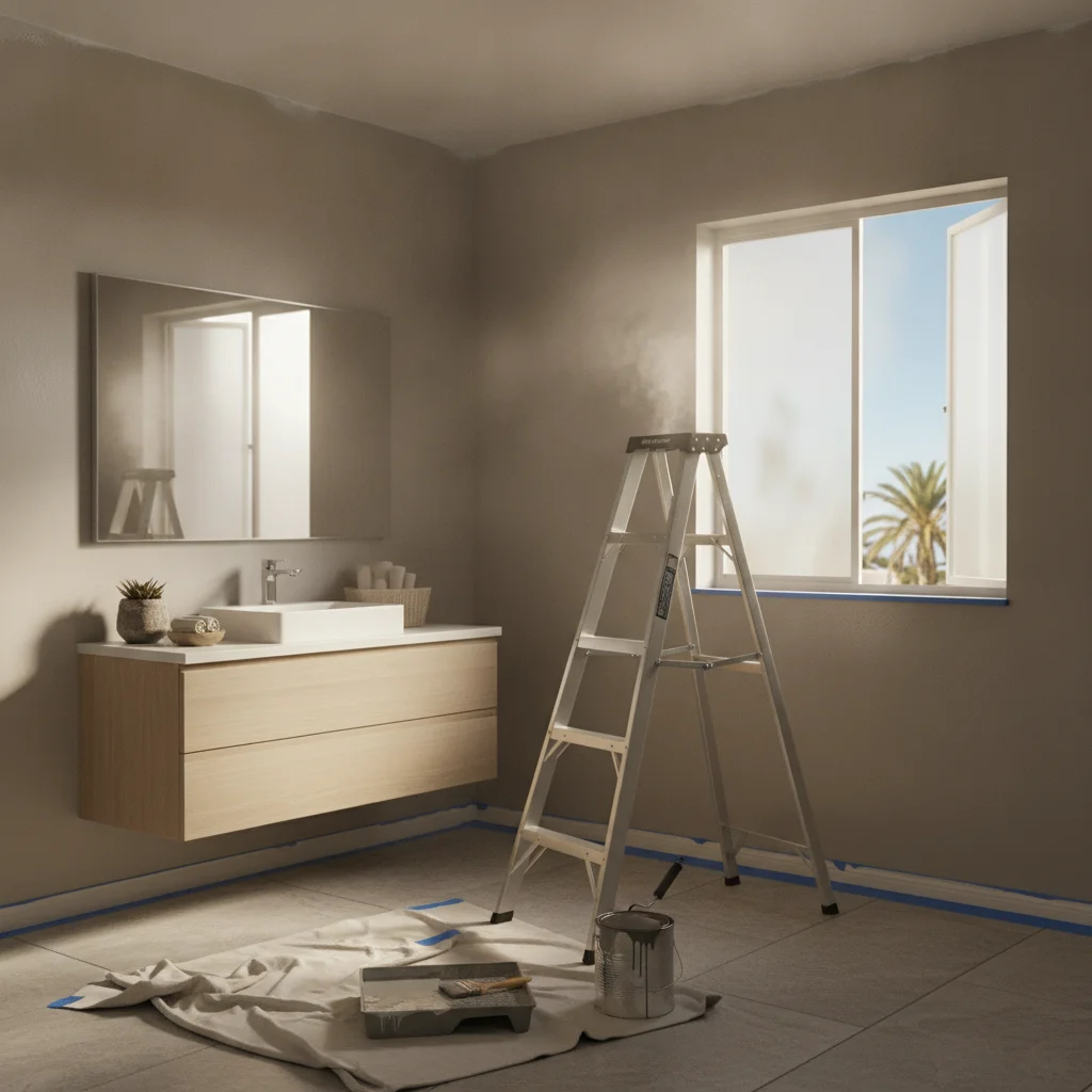 A freshly painted San Diego bathroom in a soft warm-gray satin finish with a window open to natural coastal light.