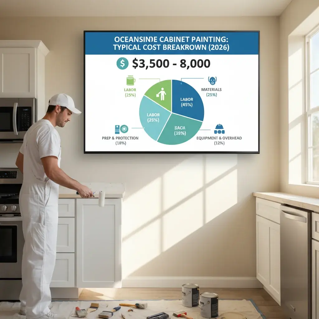 An infographic detailing typical cost factors and ranges for professional kitchen cabinet painting in Oceanside, including prep, materials, labor, and optional upgrades.