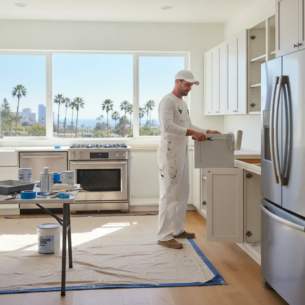 A National City kitchen with older oak cabinet boxes and doors removed for off-site refinishing, sawhorses and drop cloths visible.