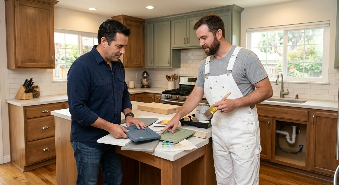 Vista homeowner comparing cabinet door samples with a local painter