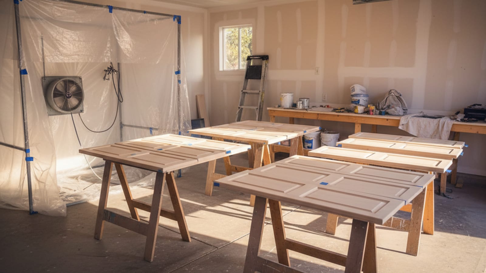 Cabinet doors and drawers labeled with small blue tape tags, staged on sawhorses in a garage