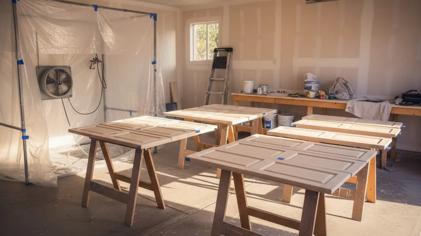 A San Diego kitchen with freshly sprayed white cabinet doors curing on racks, painter in branded uniform inspecting the finish.