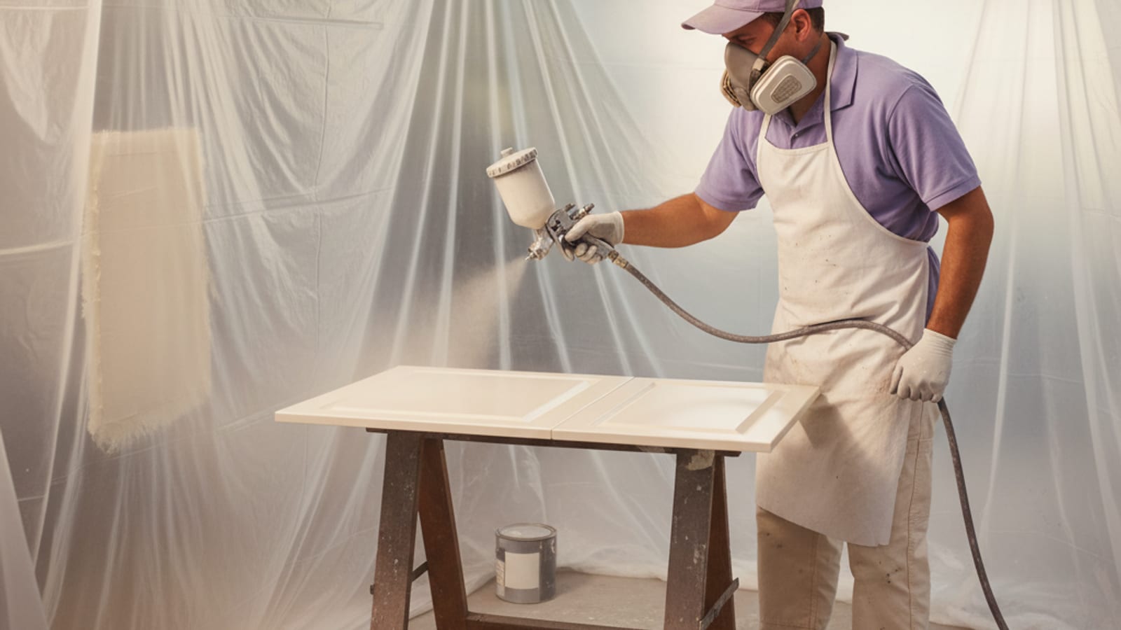 Painter spraying a cabinet door in a dust-free booth with an HVLP spray gun
