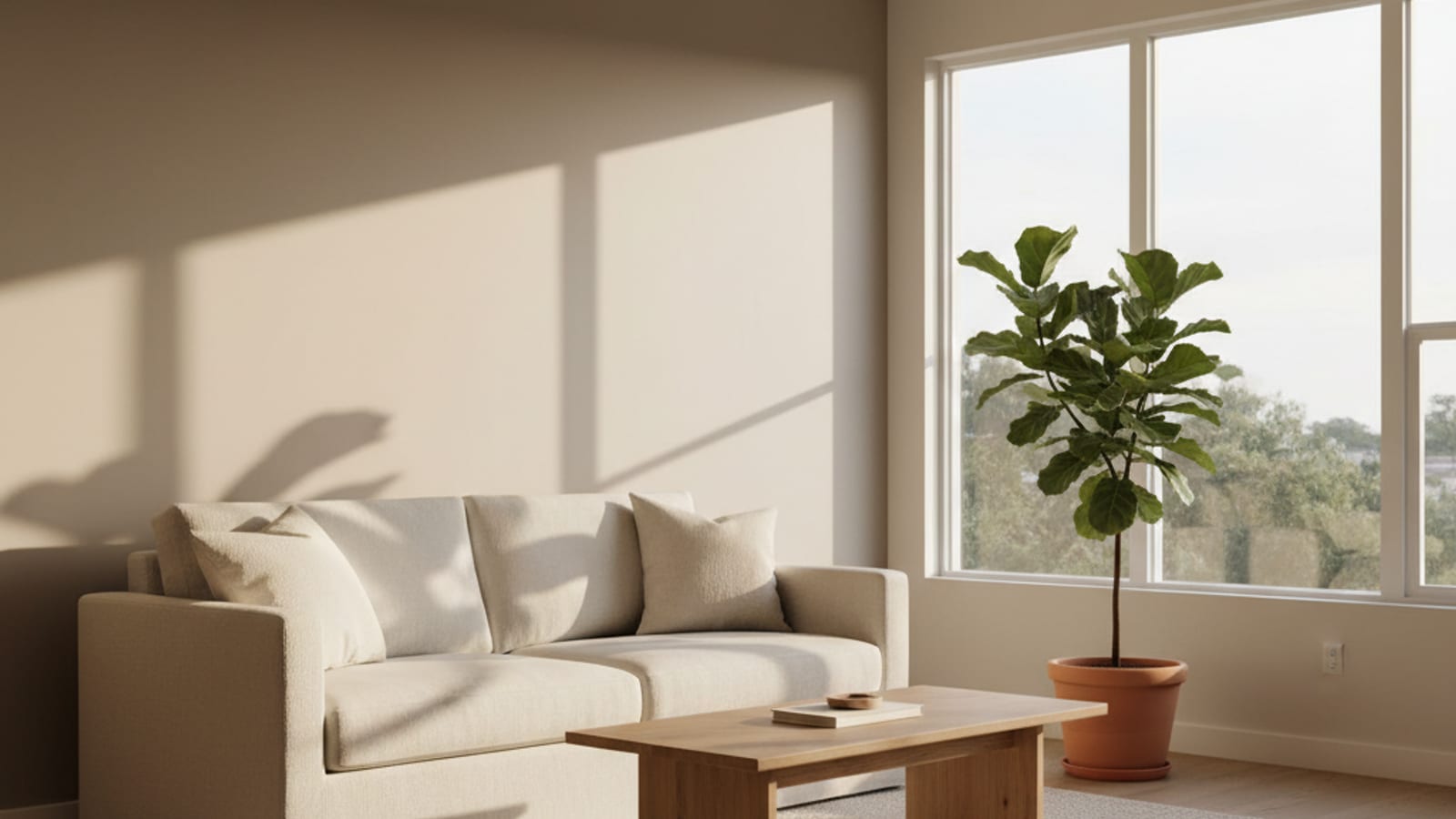 Warm neutral accent wall with a stylish sofa and natural light in a San Diego home