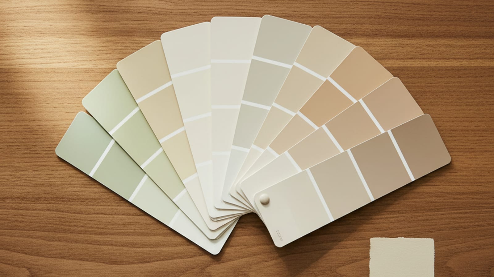 Fanned out paint swatches in warm neutrals and soft sage tones on a wood table