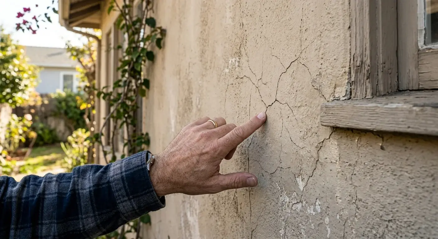 Inland north county Escondido home with stucco exterior showing typical hairline cracks before repaint.