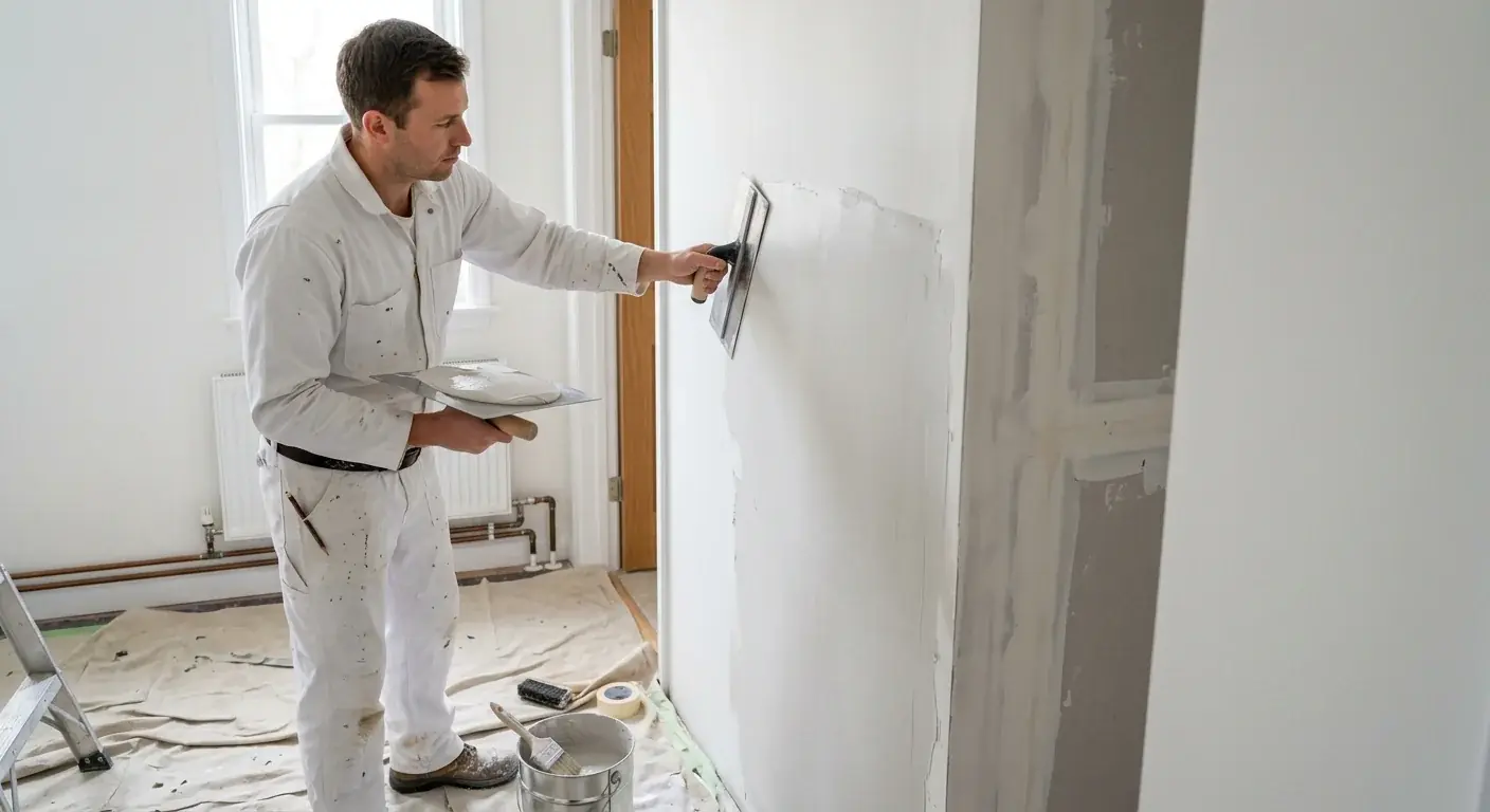 A professional painter in a clean uniform holding a hawk and trowel, applying a smooth final skim coat to a repaired section of drywall.