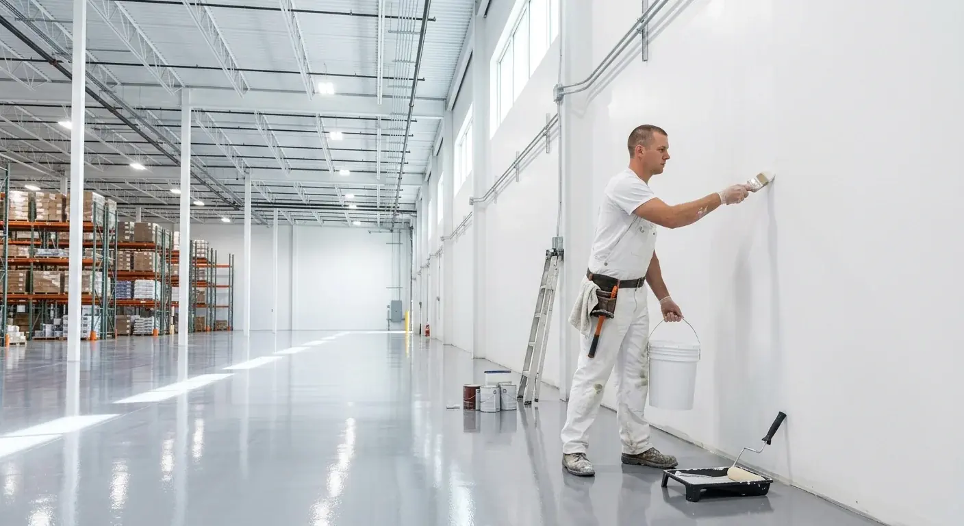 The clean, bright interior of a modern commercial warehouse space with freshly painted white walls and a glossy grey epoxy floor.