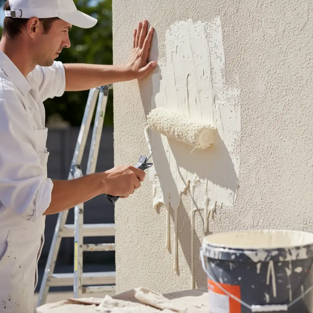 A San Diego stucco wall mid-repaint, the kind of surface where the elastomeric vs siliconized acrylic decision plays out.