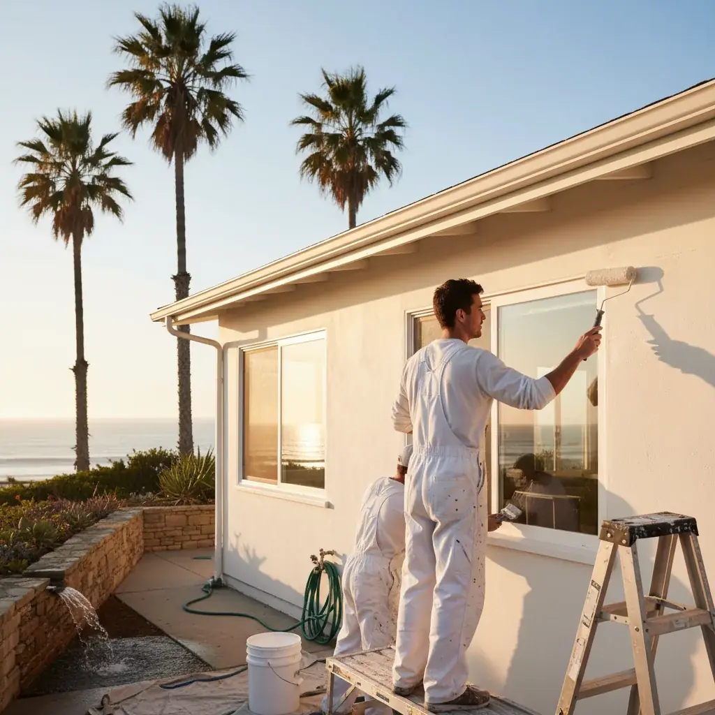 A north county San Diego home in a community similar to Shadowridge or Buena Vista with fresh exterior paint.