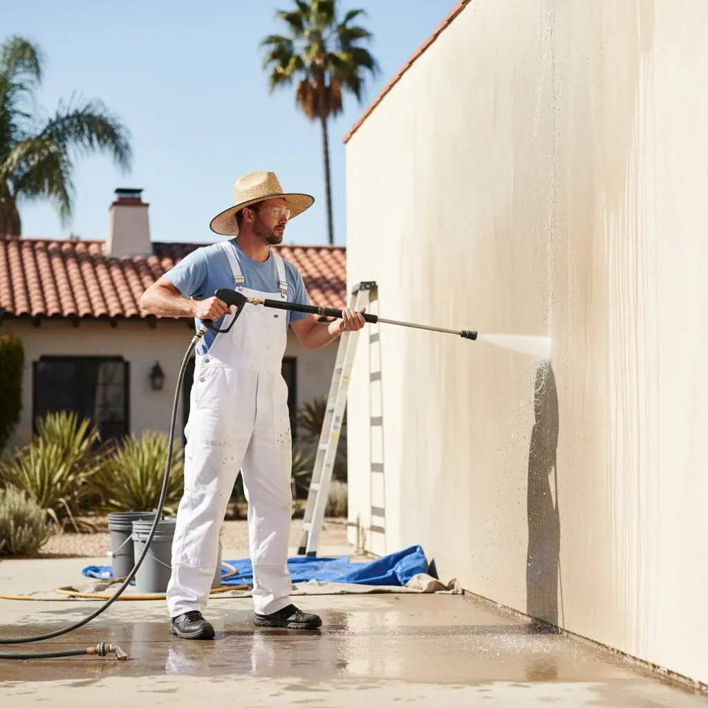 Weathered stucco wall on a San Diego home with hairline cracks and chalking near a repainted section.