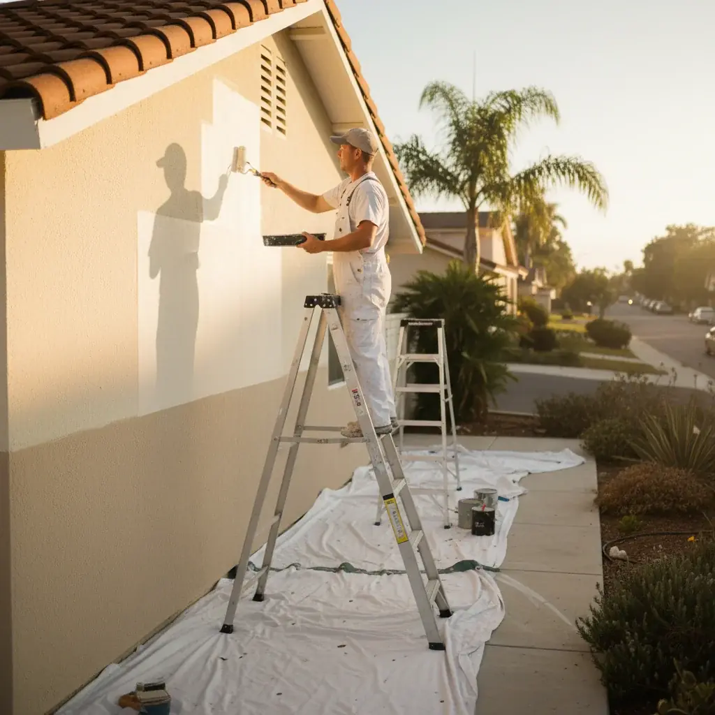 A San Diego home exterior repainted in a warm off-white, the kind of finish either Benjamin Moore Aura or Sherwin-Williams Emerald can deliver.
