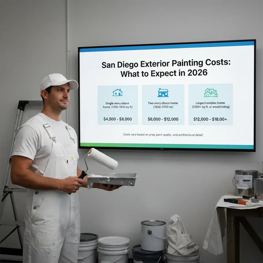 Infographic showing 2026 painting cost factors for Santee homes including square footage, sun exposure, and stucco prep.