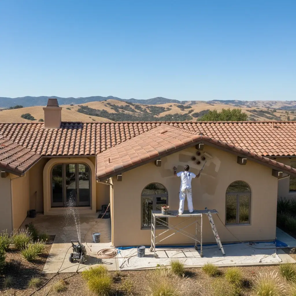 A two-story master-planned stucco home in 4S Ranch, San Diego under a bright inland sky.