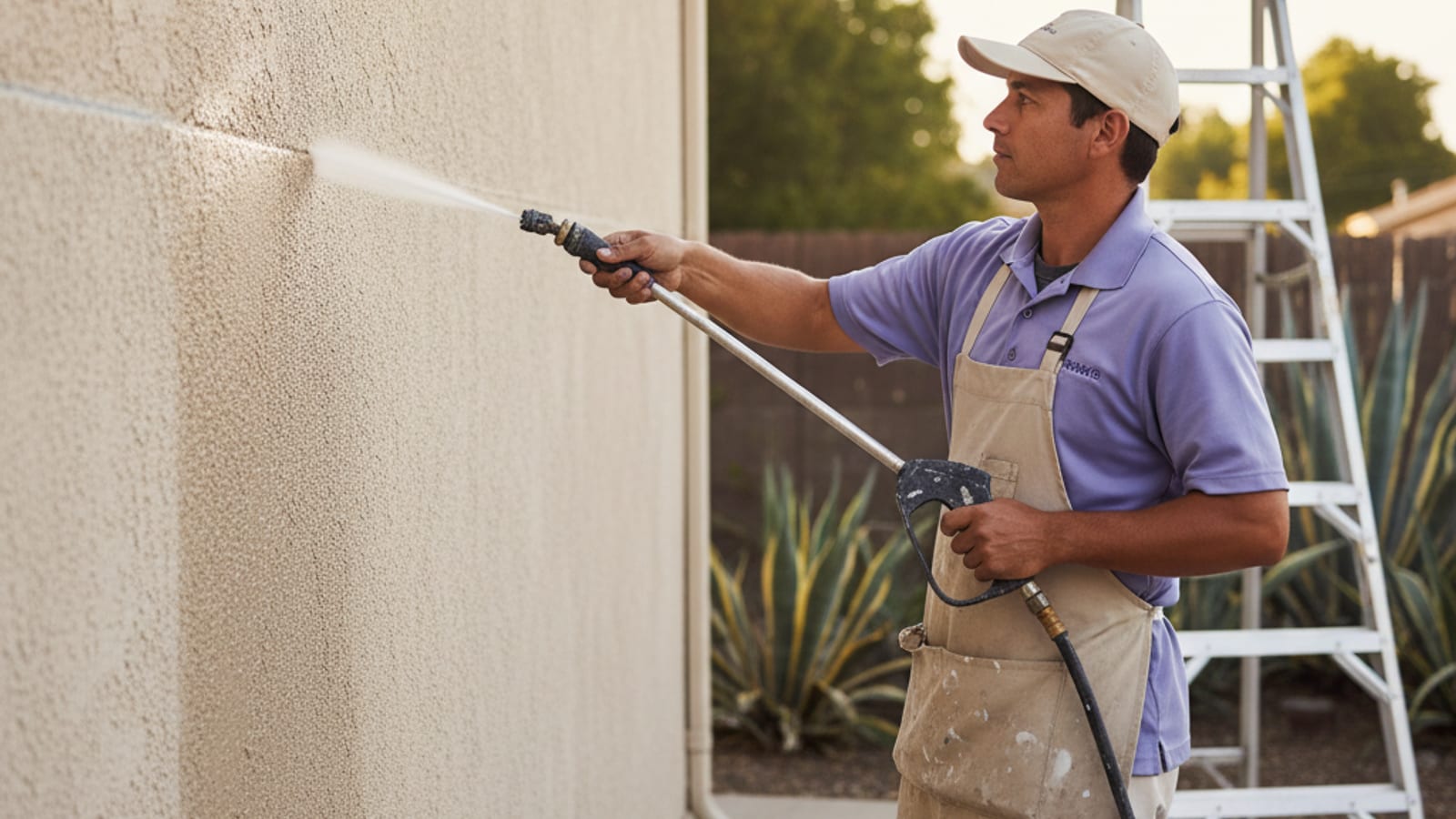 Pressure washer cleaning a chalking stucco wall in preparation for exterior paint