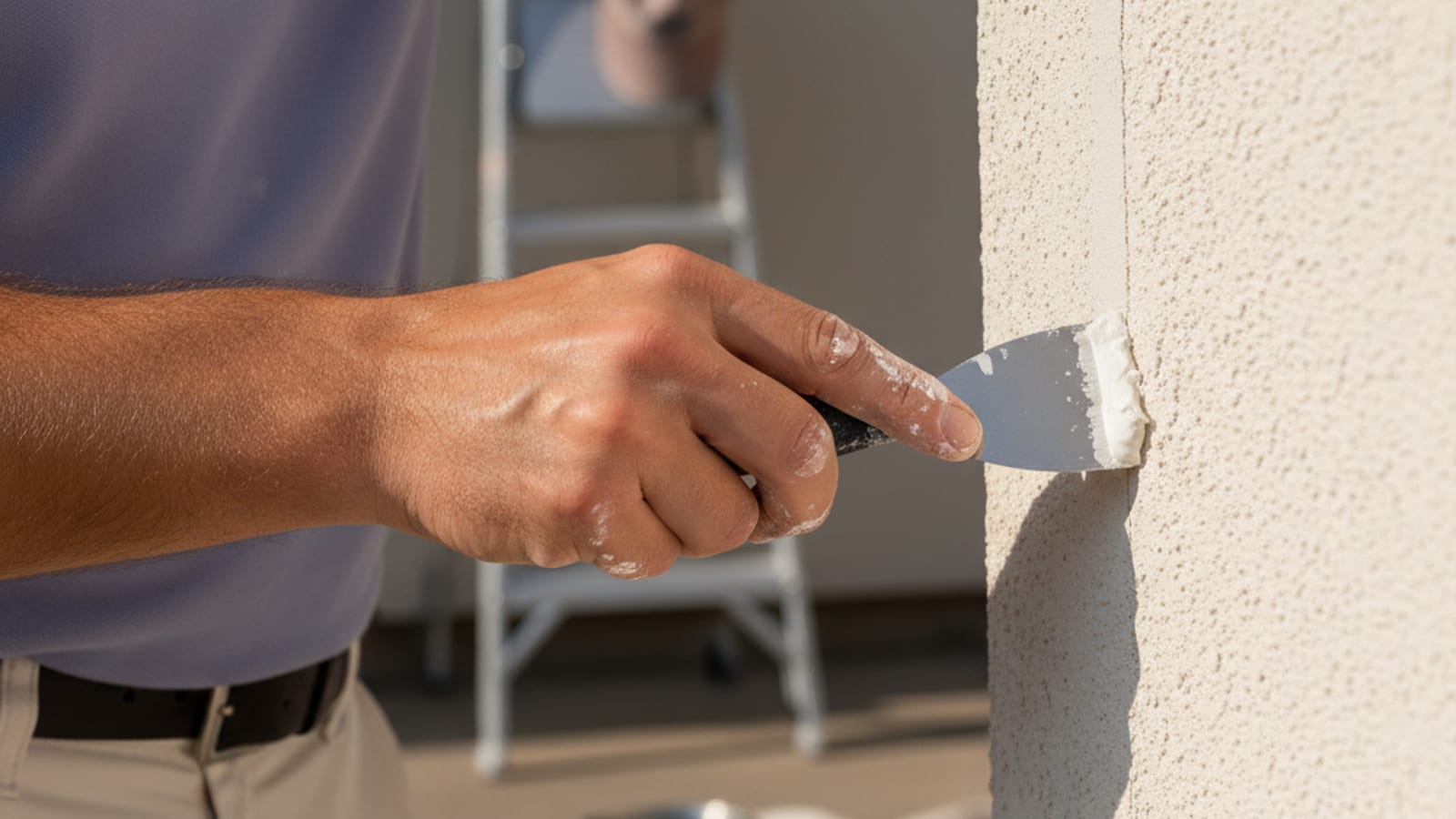 Hand applying elastomeric patching compound to a hairline stucco crack
