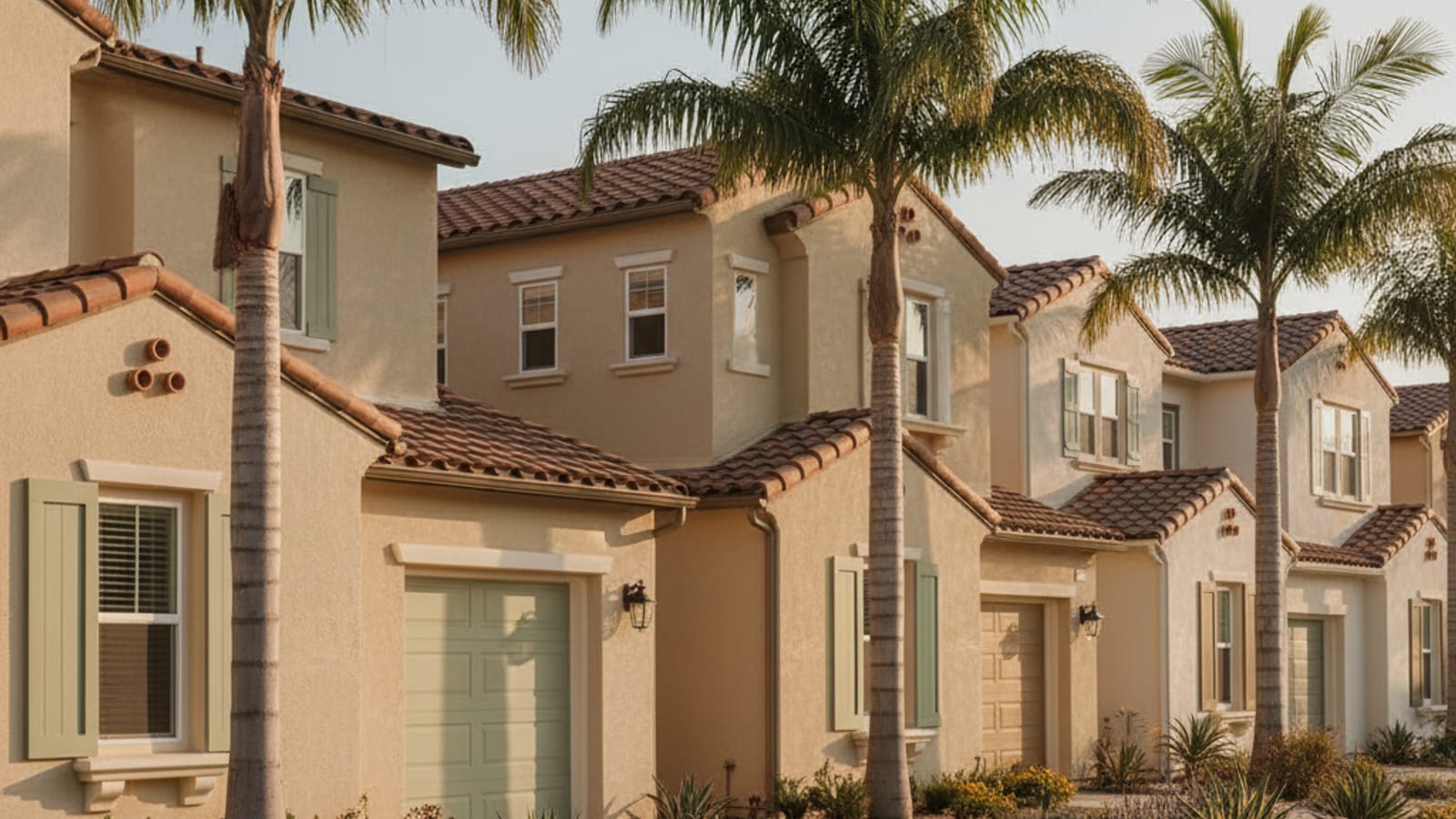 Row of San Diego HOA community homes with coordinated warm-neutral exterior palette at golden hour
