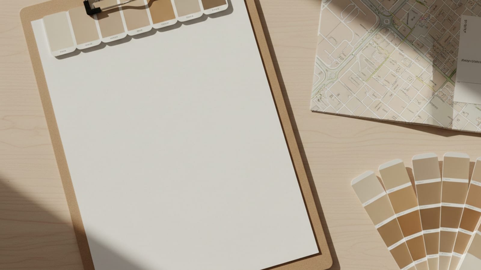 Color-approved HOA paint palette cards arranged on a clipboard with a property map