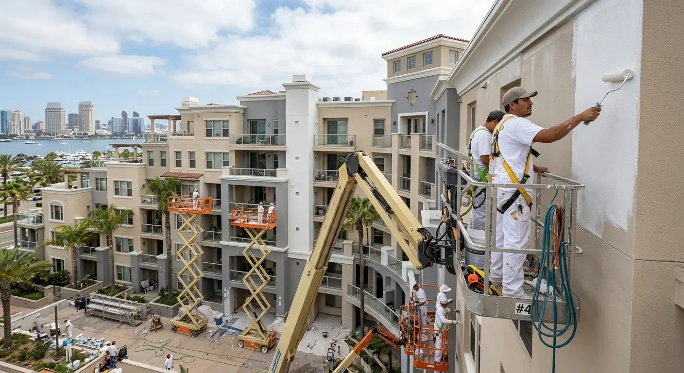 A San Diego homeowner reviewing a written painting estimate with a licensed contractor on a clipboard.
