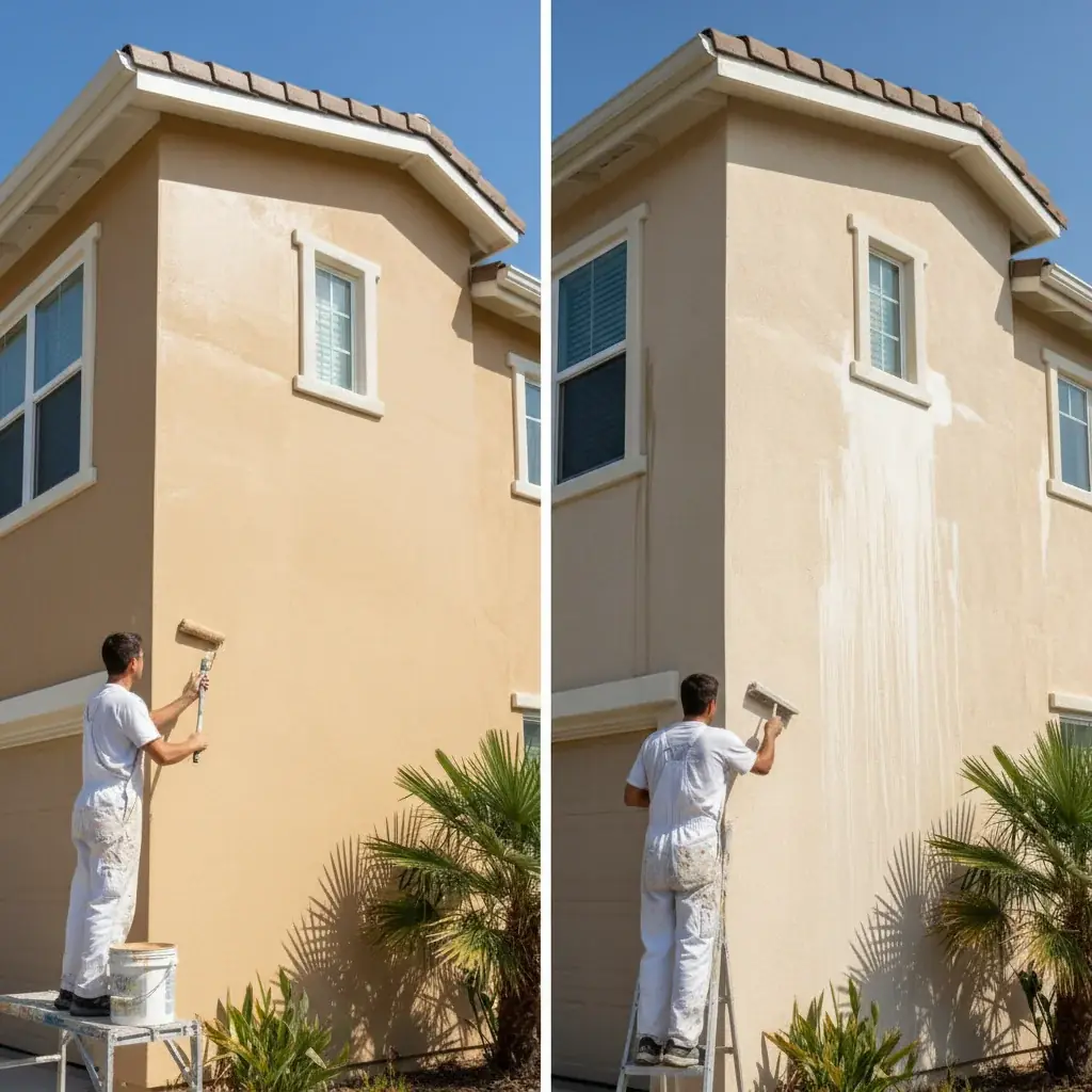 Side-by-side of a freshly painted San Diego home next to a faded, chalky one.