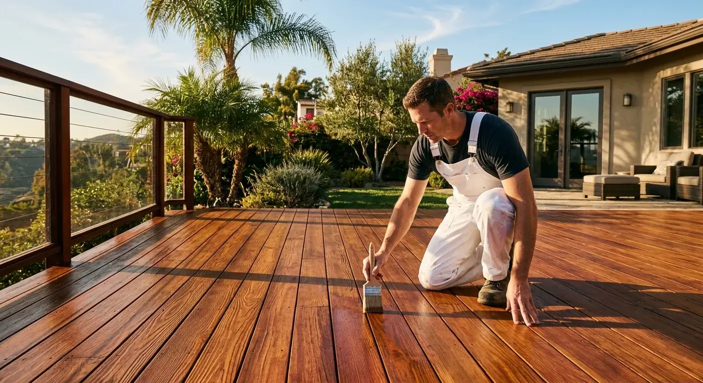 A beautiful, well-maintained redwood deck in a San Diego backyard, with the sun casting long shadows.