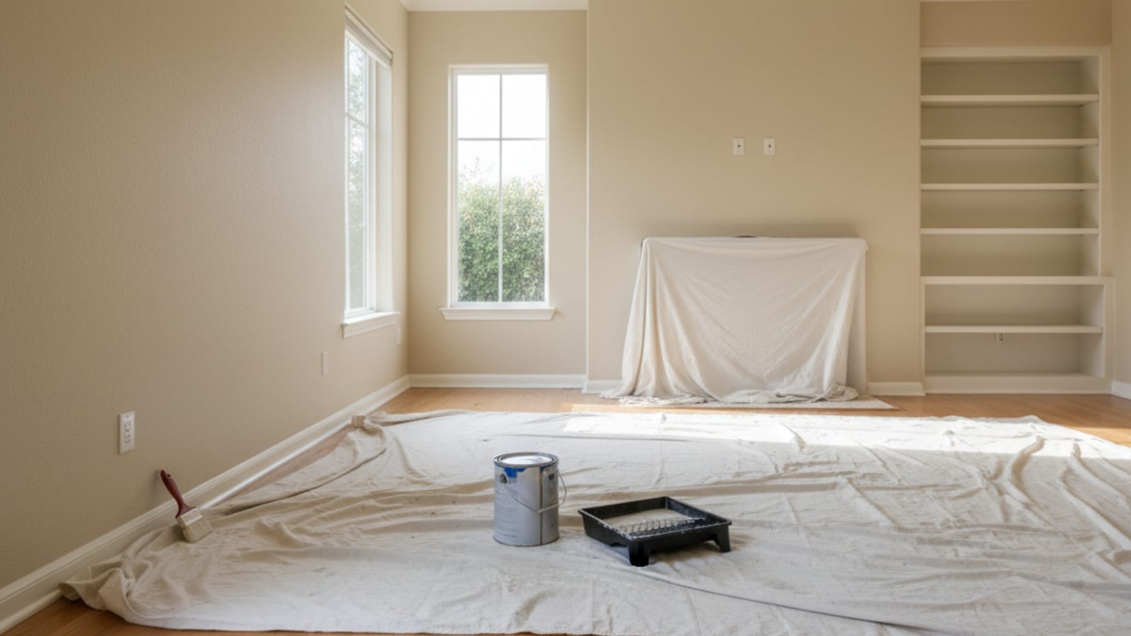 Freshly painted warm-neutral living room with drop cloths still on the floor and a paint can visible
