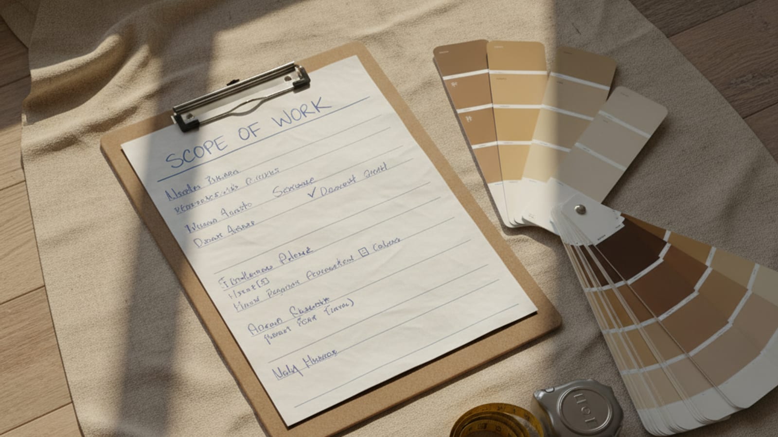Painter's clipboard with a handwritten scope of work laid on a drop cloth beside paint samples