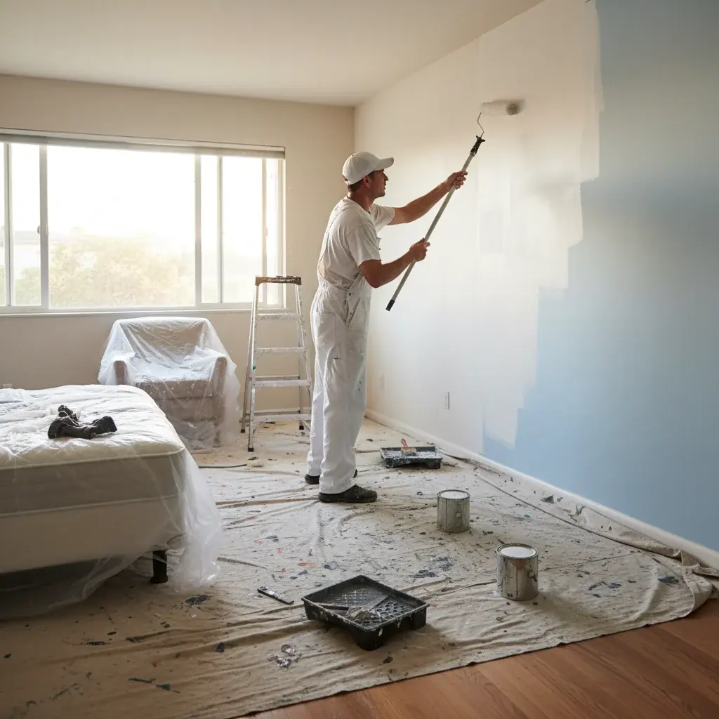 Painter applies fresh white paint to a bedroom wall in a San Diego home.