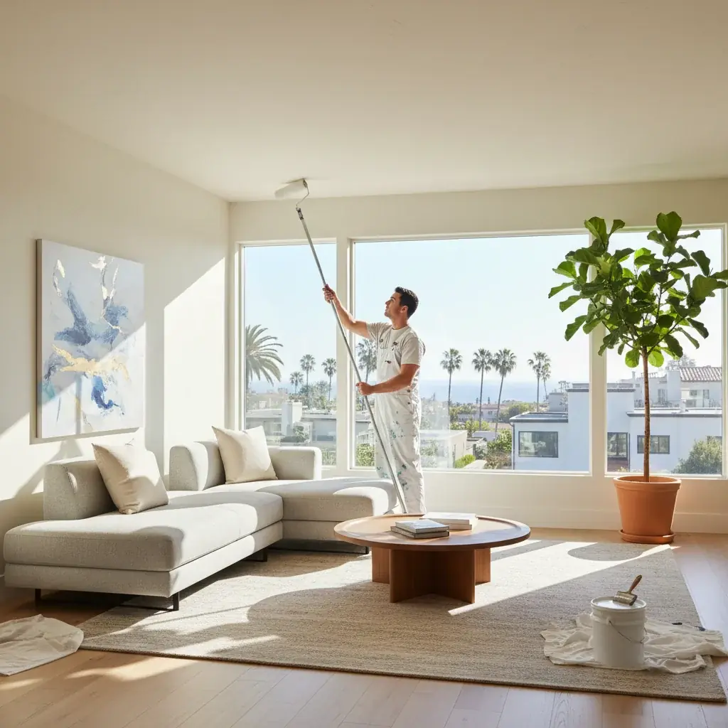 Bright San Diego living room with warm white painted walls and large window with natural light.