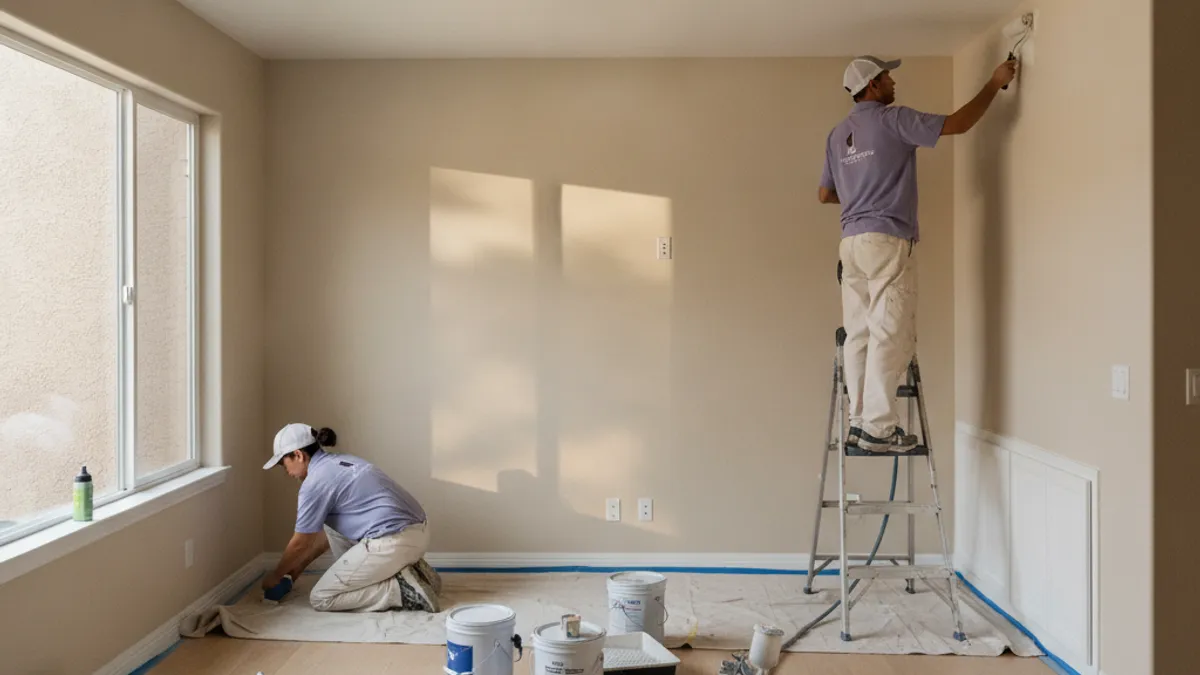 A Rancho Bernardo living room with a smooth ceiling and fresh neutral wall color after a popcorn ceiling removal and repaint.