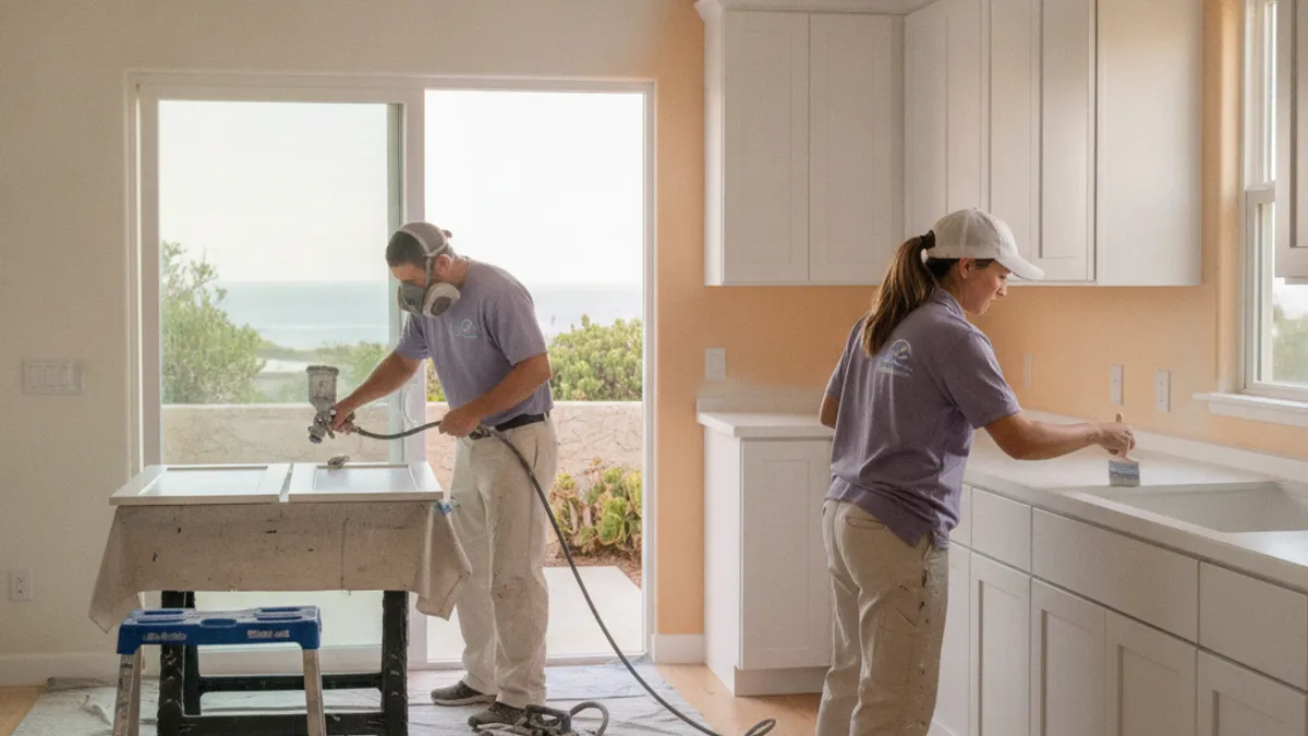 A bright coastal Encinitas kitchen with freshly painted white shaker cabinets and an open slider to a patio.