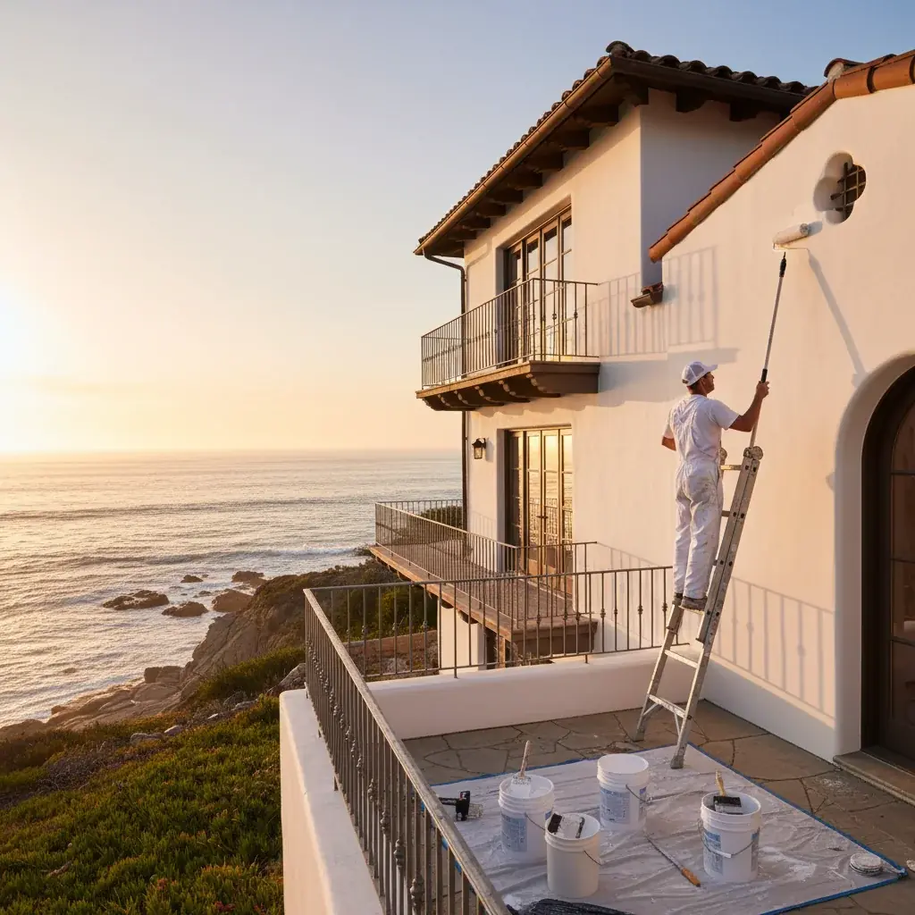 A coastal Cardiff-by-the-Sea home with fresh exterior paint at golden hour.