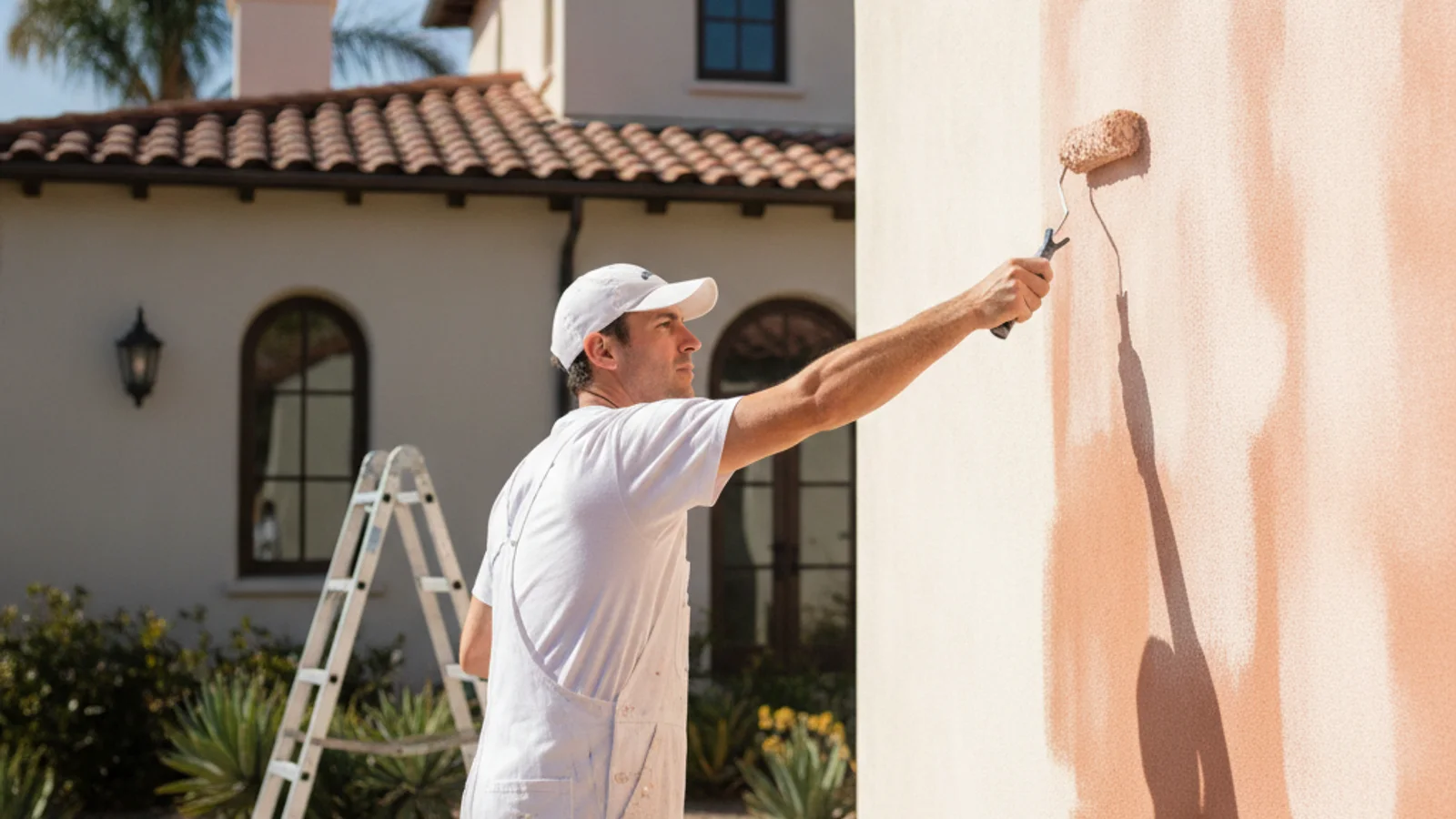 A painter in white overalls applies limewash to the warm stucco exterior of a Spanish-style San Diego home with a terracotta tile roof and arched windows in bright coastal light.