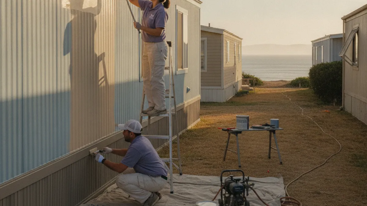 A manufactured home in a Chula Vista community with metal siding and skirting being repainted near the coast.