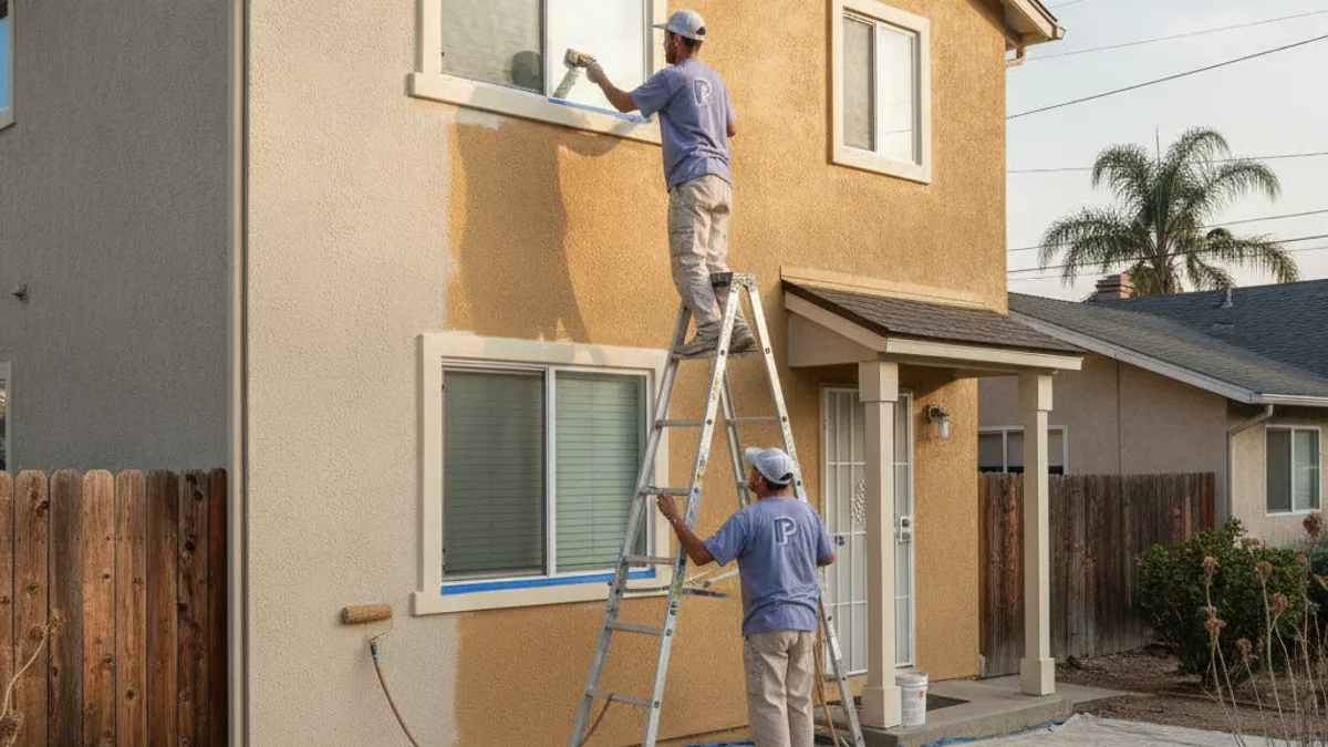 A small stucco duplex in Lemon Grove being repainted, with a painter on a ladder working the second-story trim.