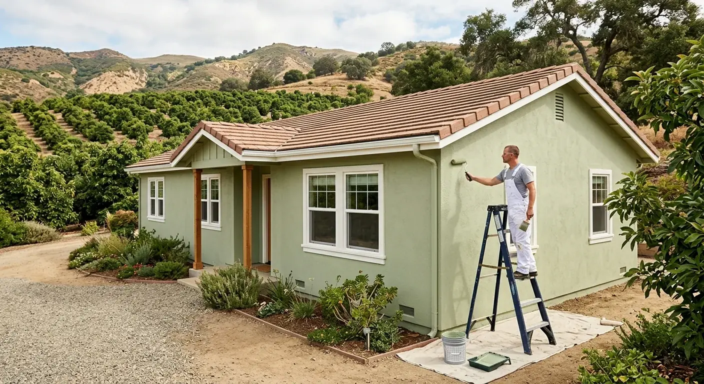 Rural North County San Diego custom home on acreage with stucco and cedar-trim exterior before a repaint.