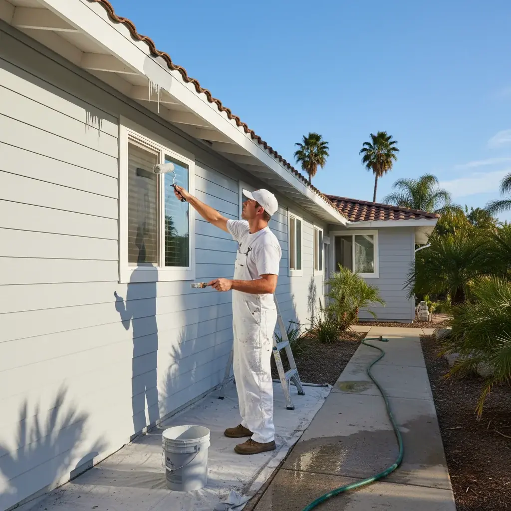 Light gray painted vinyl siding on a San Diego home on a sunny day.