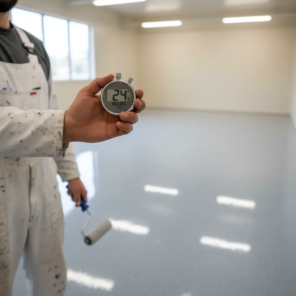 Epoxy installer in safety gear operating a diamond grinder on a concrete garage floor, preparing the surface before coating