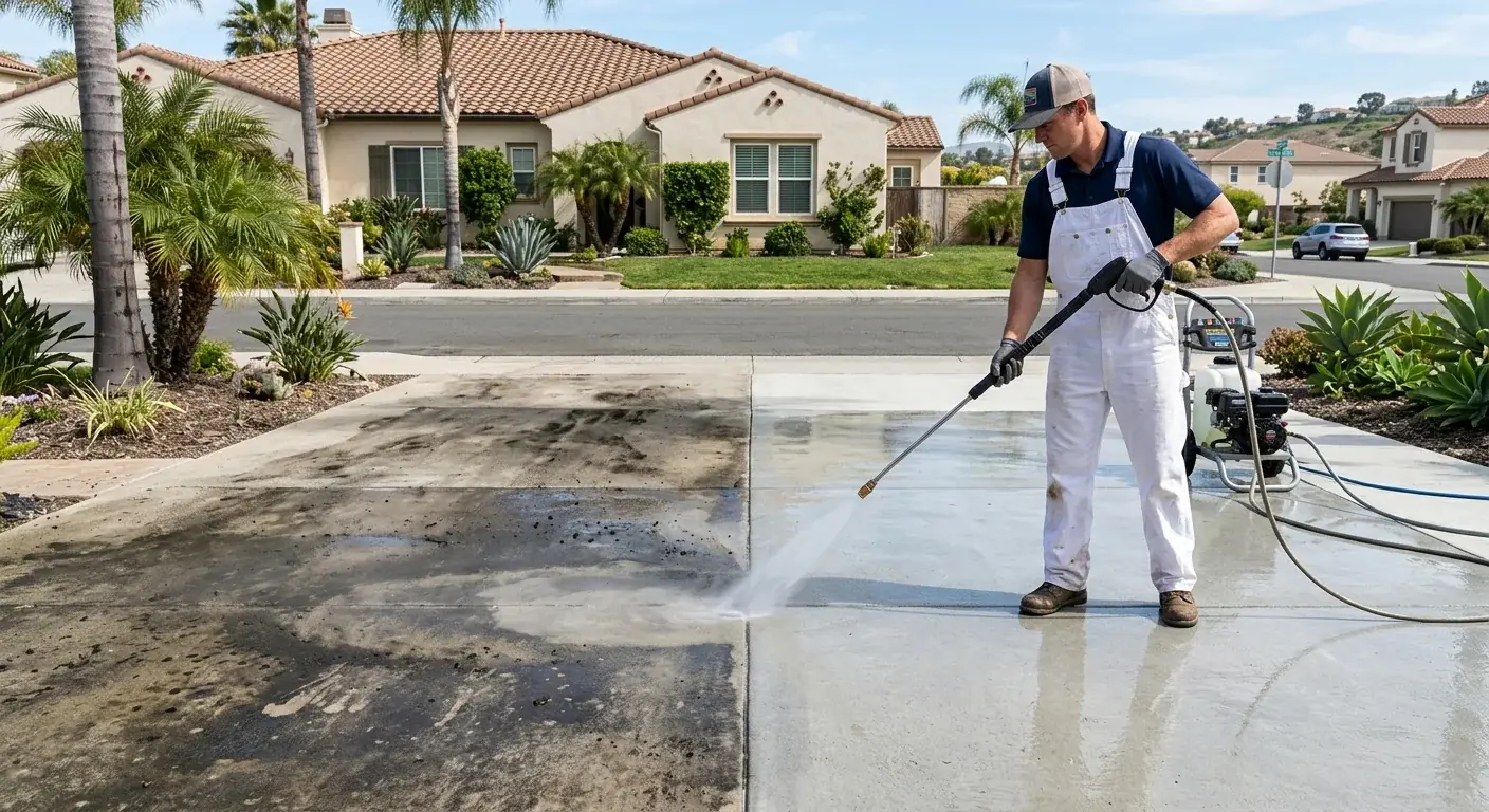 A dramatic before-and-after shot showing a concrete driveway in San Diego that is half dark and grimy, and half sparkling clean where the pressure washer has passed over it.