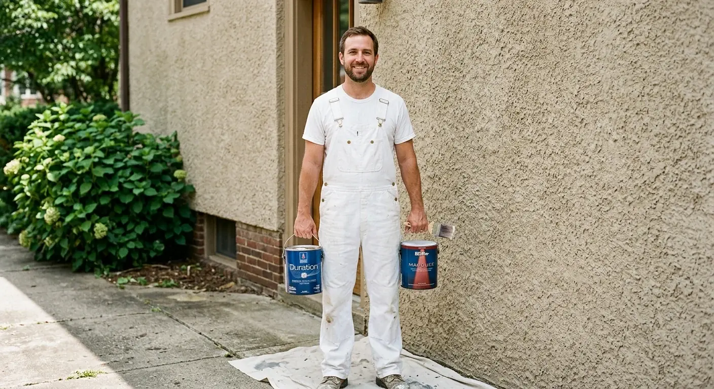 Cans of Dunn-Edwards Evershield and Sherwin-Williams Emerald on a San Diego stucco wall.
