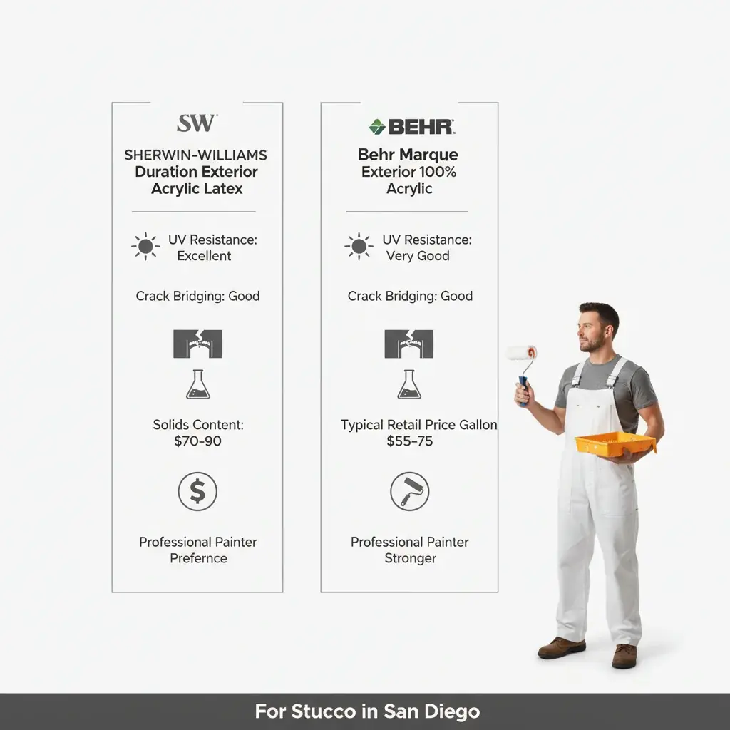 Infographic comparing Dunn-Edwards Evershield and Sherwin-Williams Emerald on UV resistance, stucco performance, color matching, and price for San Diego homes.