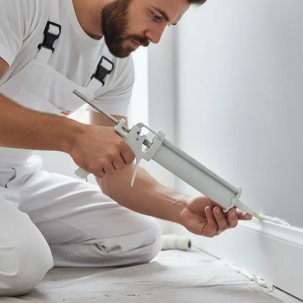 Painter caulking gap between baseboard and wall with white caulk gun, detailed close-up