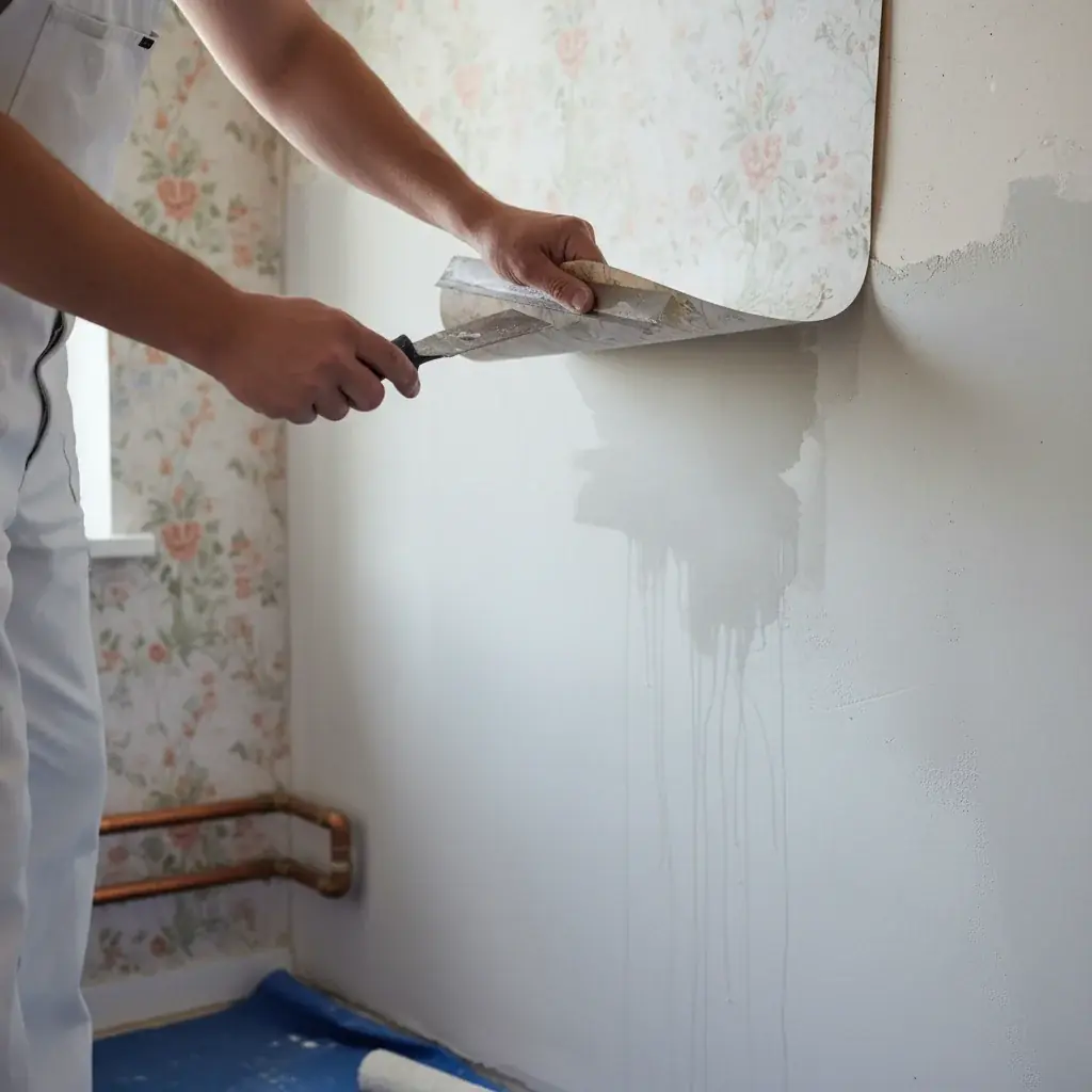 Close-up of wallpaper being pulled away from wall, revealing skim-coat-ready drywall underneath
