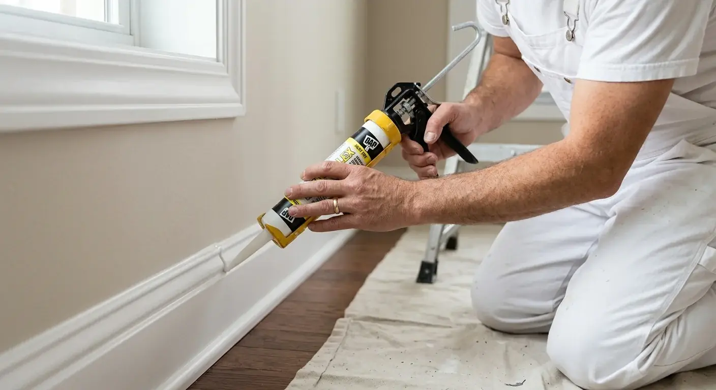 Painter running a smooth bead of paintable acrylic caulk along the top of a baseboard before applying the finish coat.