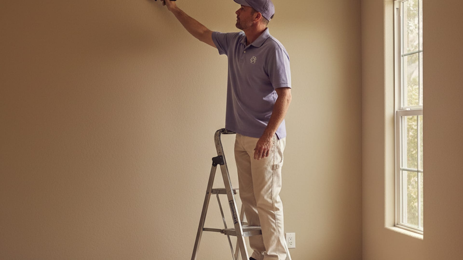 Lead painter cutting in a sharp line with a sash brush along a ceiling edge in a San Diego home