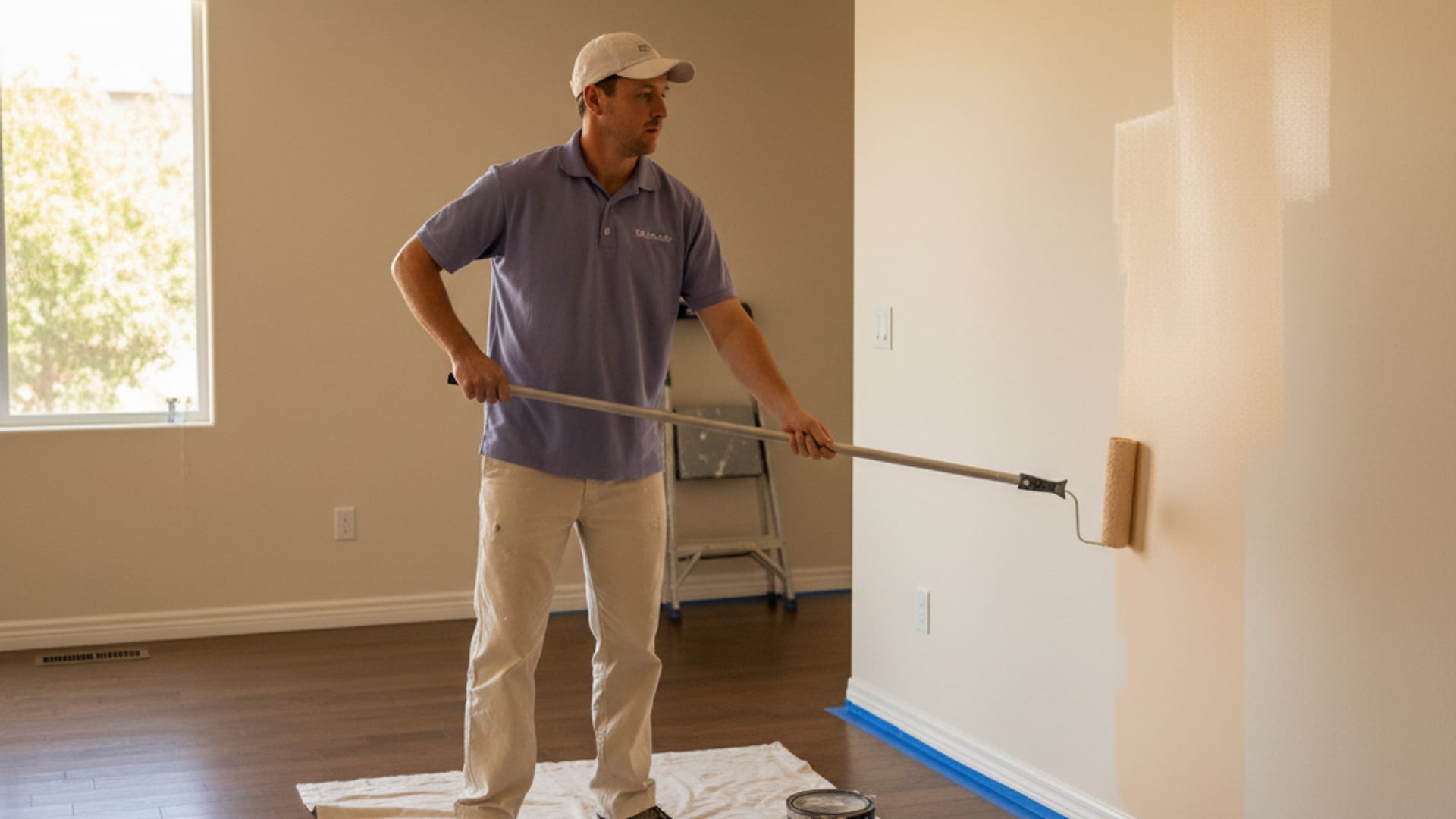 Paint Pros crew rolling a smooth second coat of warm off-white on an interior wall beside a drop cloth and paint can