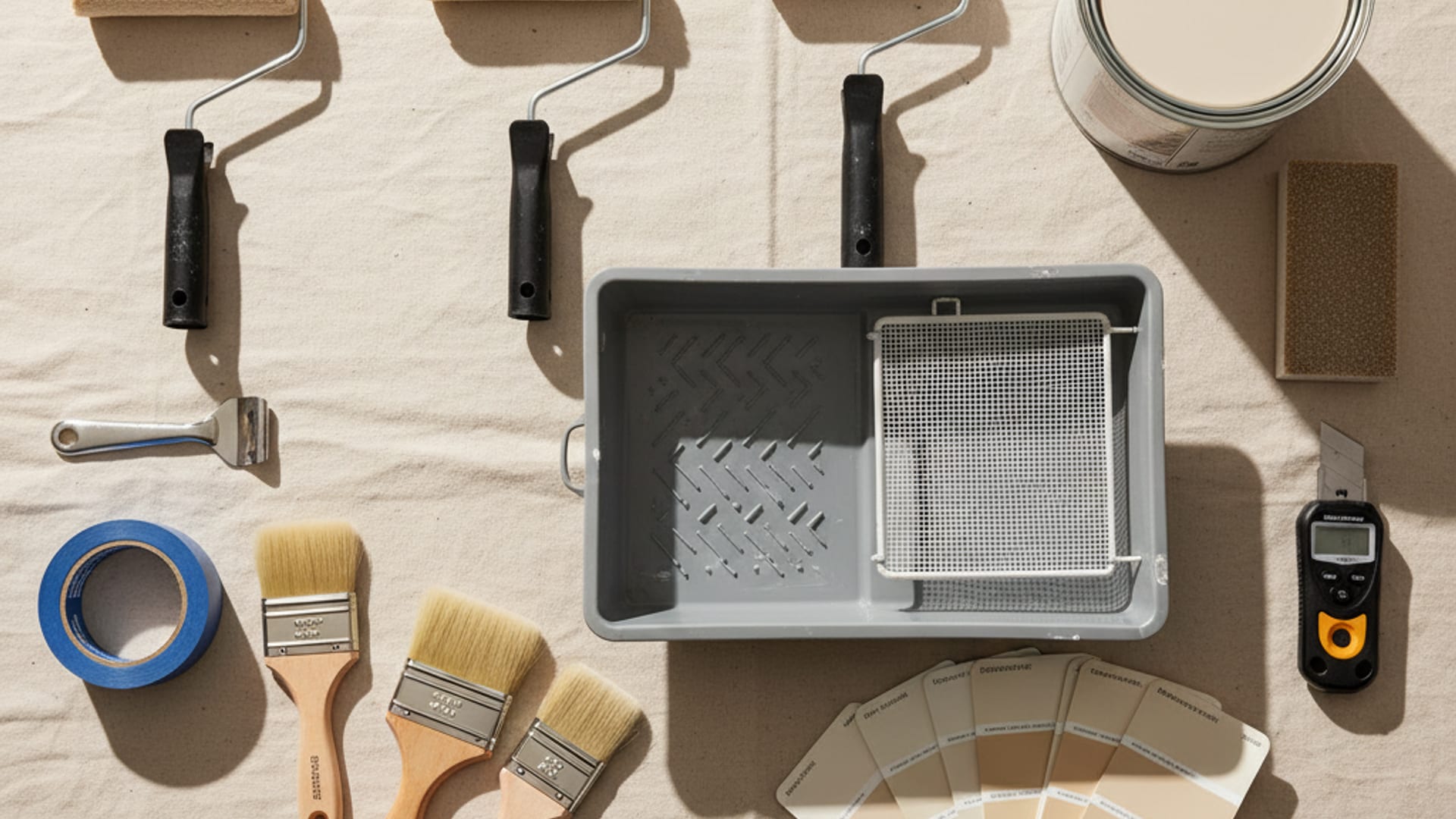 Painter's workstation flat-lay: rollers, brushes, paint cans, tape, drop cloth, and color swatches arranged cleanly on a drop sheet