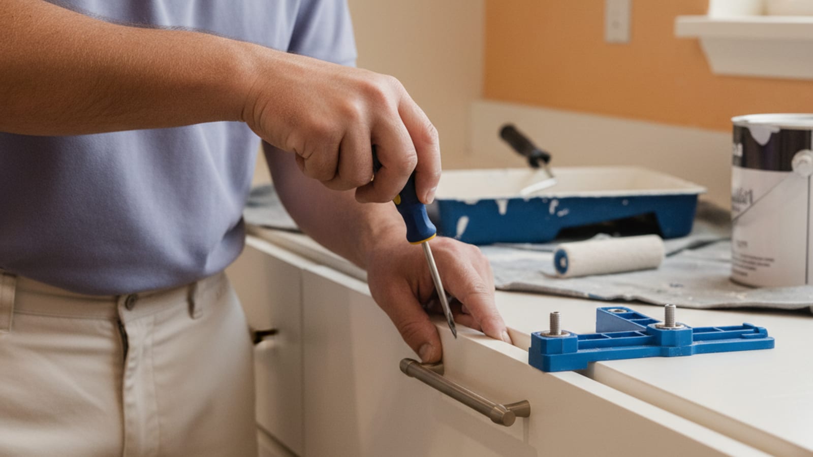 Hands installing a brushed-nickel cabinet pull with a screwdriver on a freshly painted cabinet drawer