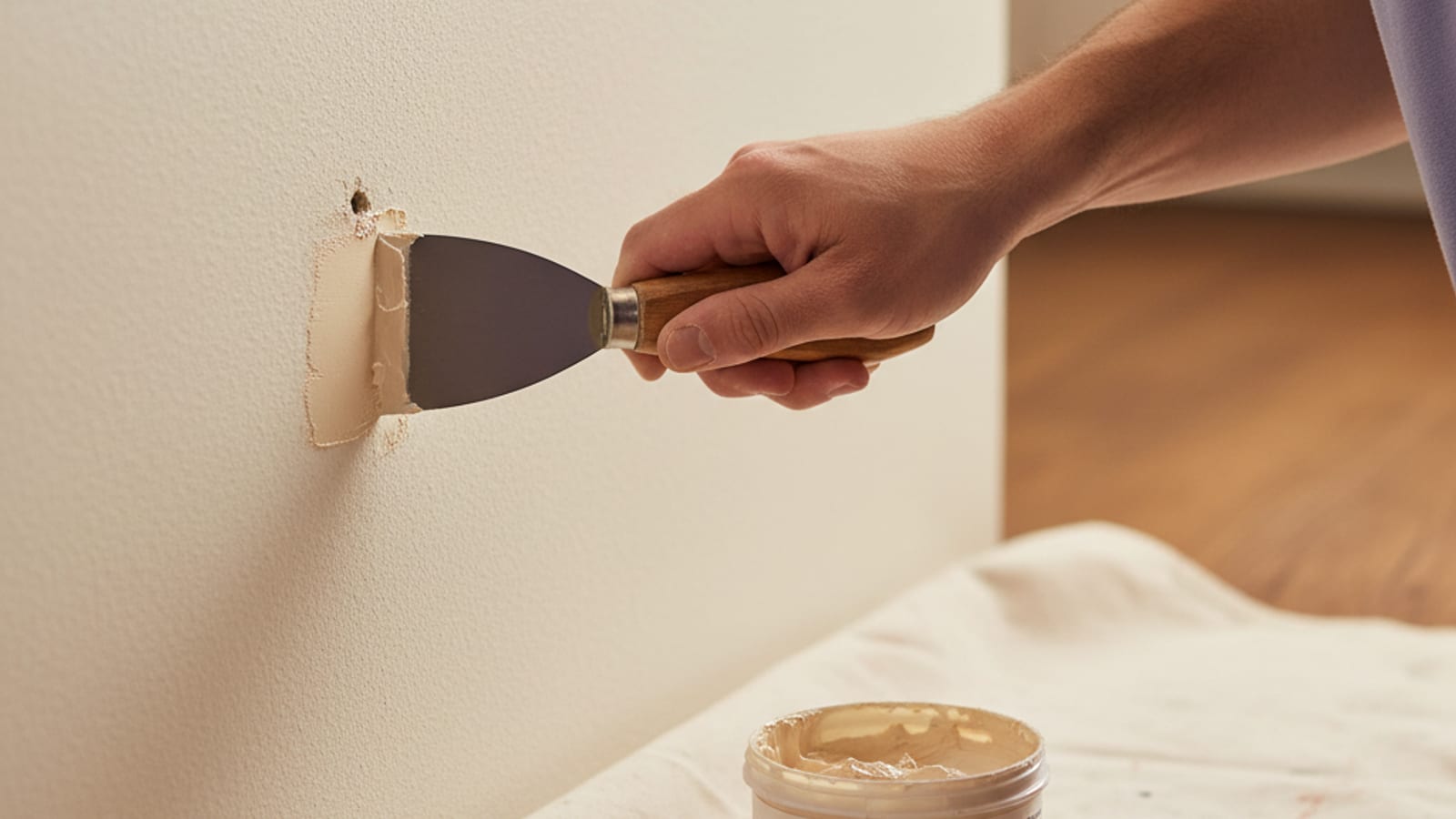 Hand using a putty knife to apply lightweight spackle to a nail hole in drywall